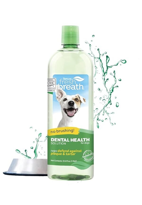 TropiClean Fresh Breath Water Additive for Dogs | Dog Breath Freshener & Teeth Cleaning Solution | No Toothpaste or Toothbrush Required | 33.8 oz
